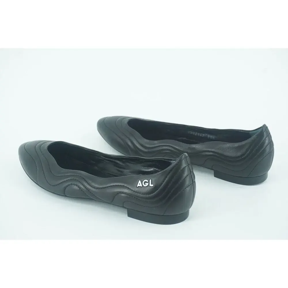 AGL Black Leather Miledy AlmondToe Quilted Ballet Flat SZ 39.5 New $380